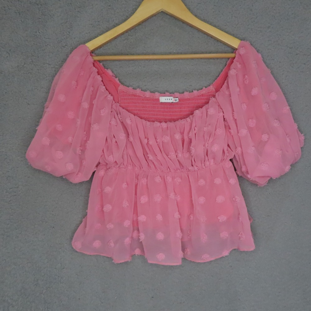 Lush Barbiecore Pink Smocked Peplum Top Puff Sleeve Coquette Cottagecore Medium - Picture 2 of 12